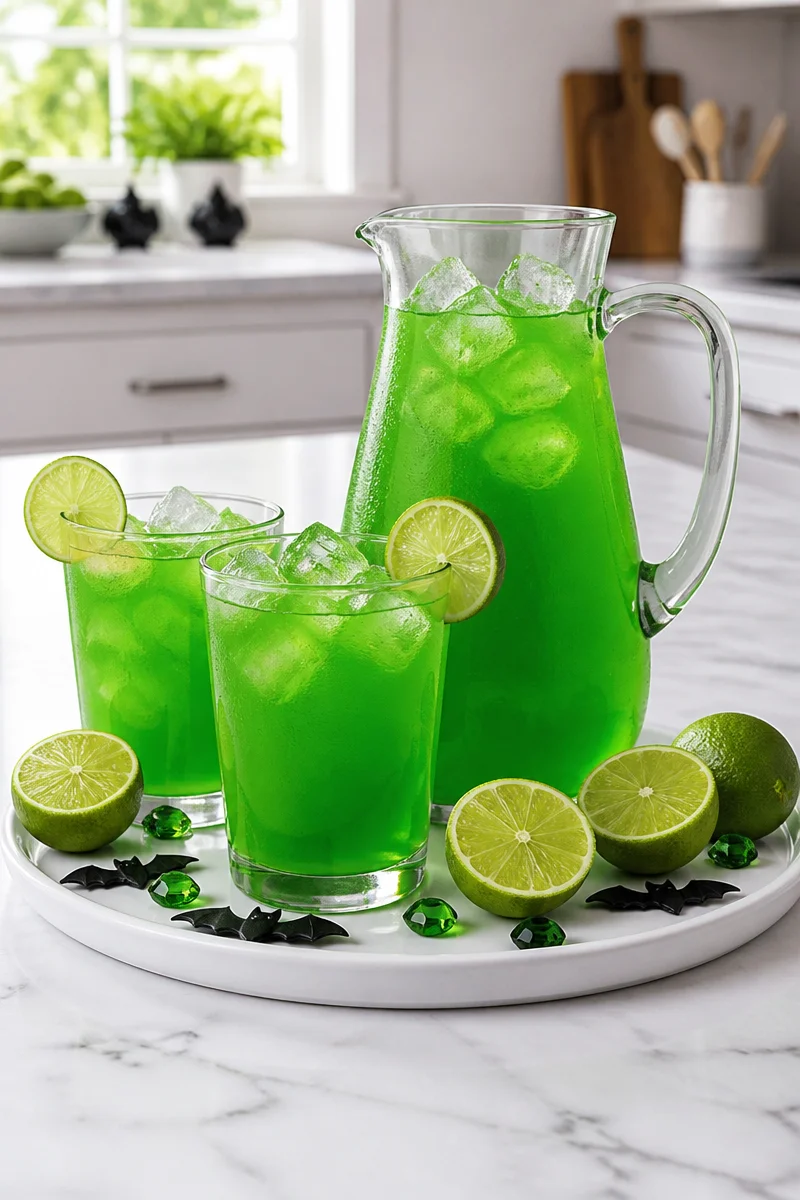 Green Goblin Halloween Lemonade Drink served in a spooky glass