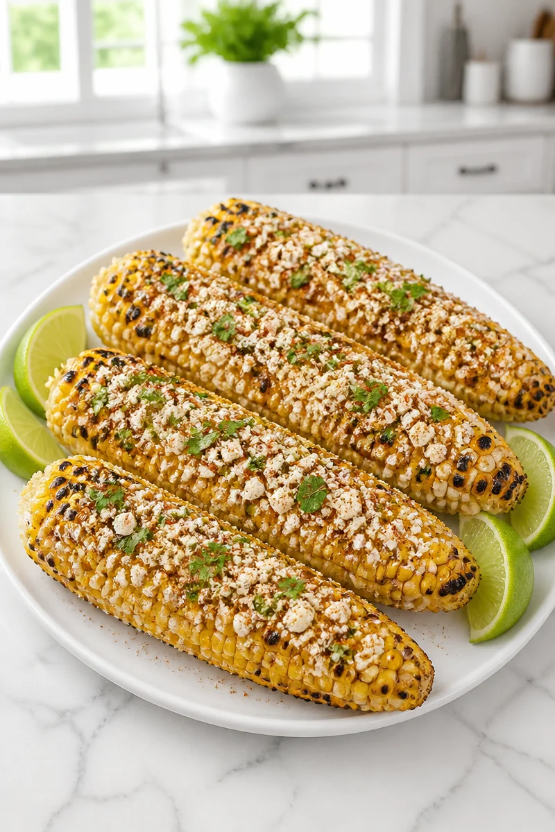 Delicious grilled Mexican street corn with toppings on a plate