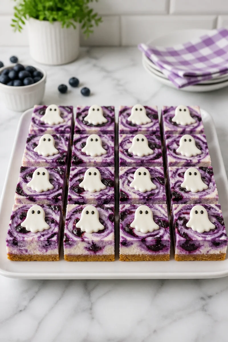 Halloween Boo Berry Cheesecake Bar with spooky decorations