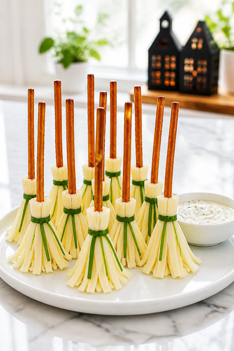 Halloween broomstick pretzel cheese stick appetizer