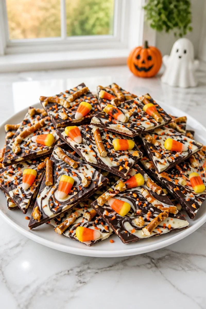 Colorful Halloween candy bark pretzel snack with chocolate, sprinkles, and treats.
