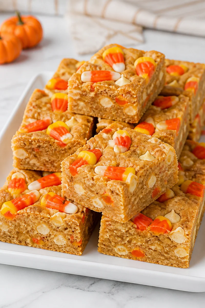 Delicious Halloween Candy Corn Blondie Bars with festive toppings