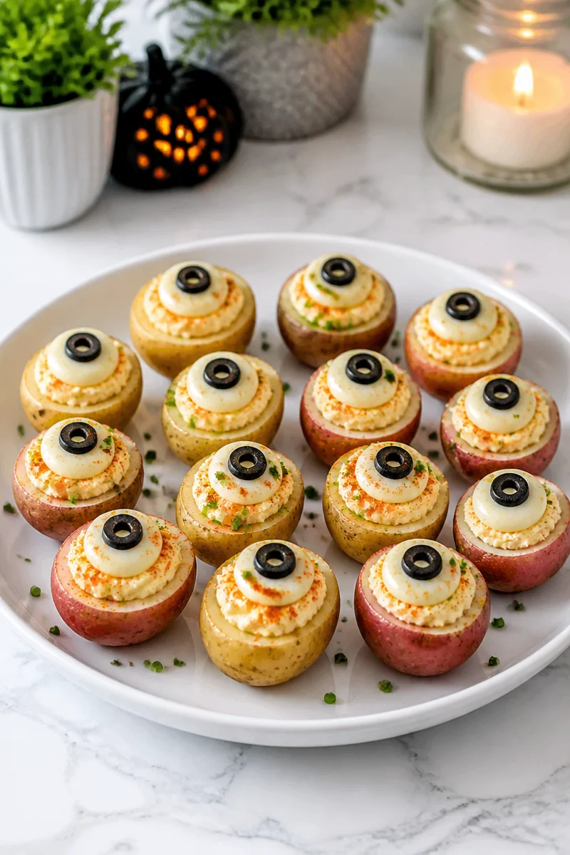 Halloween Candy Eyeball Deviled Potato adorned with candy eyeballs