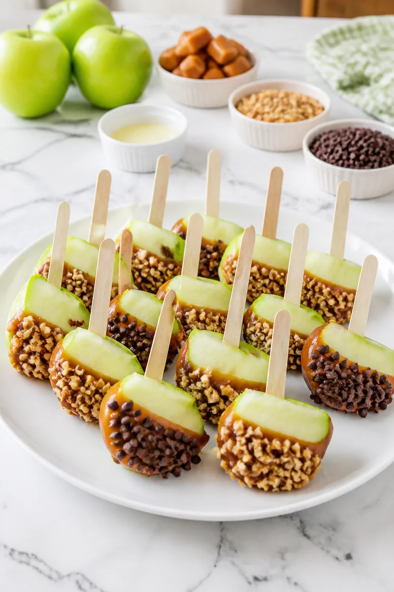 Halloween caramel apple slice bites served on a festive platter