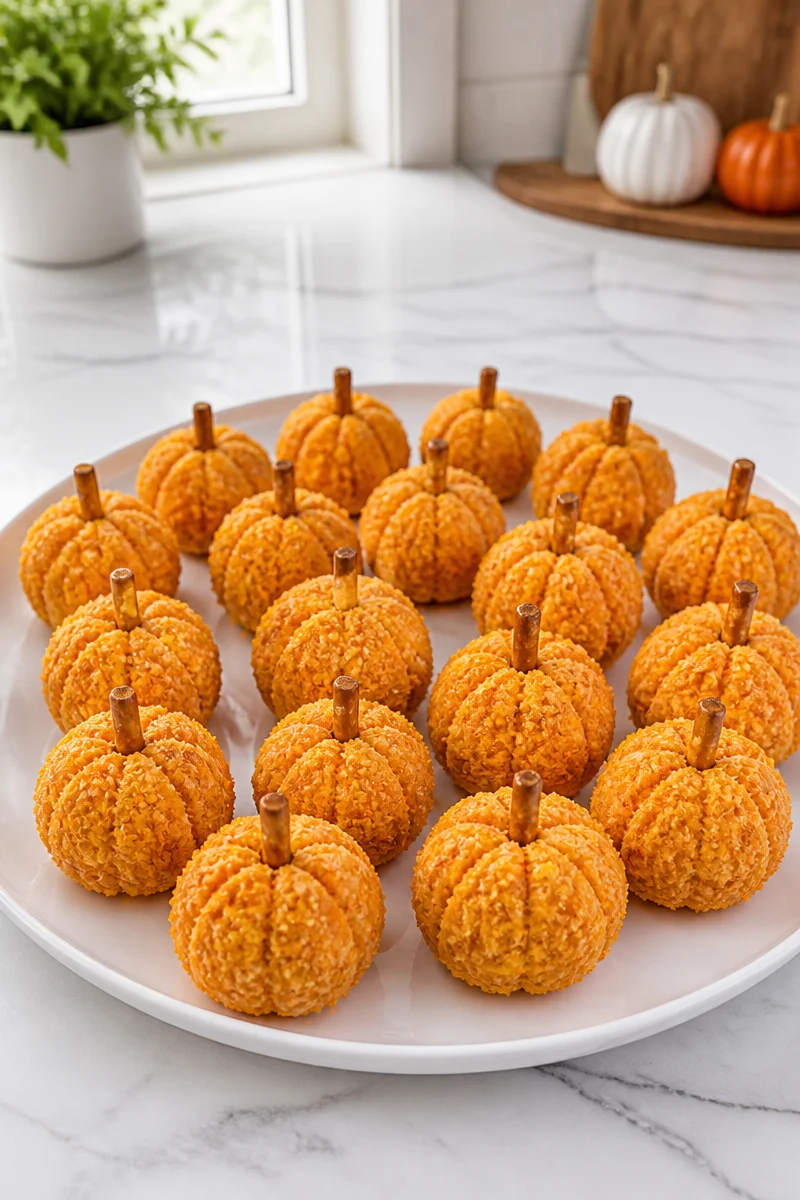 Halloween Cheddar Jack-O-Lantern Cheese Balls for festive parties