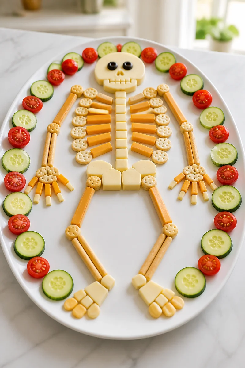 Halloween cheese and cracker skeleton display for a festive party