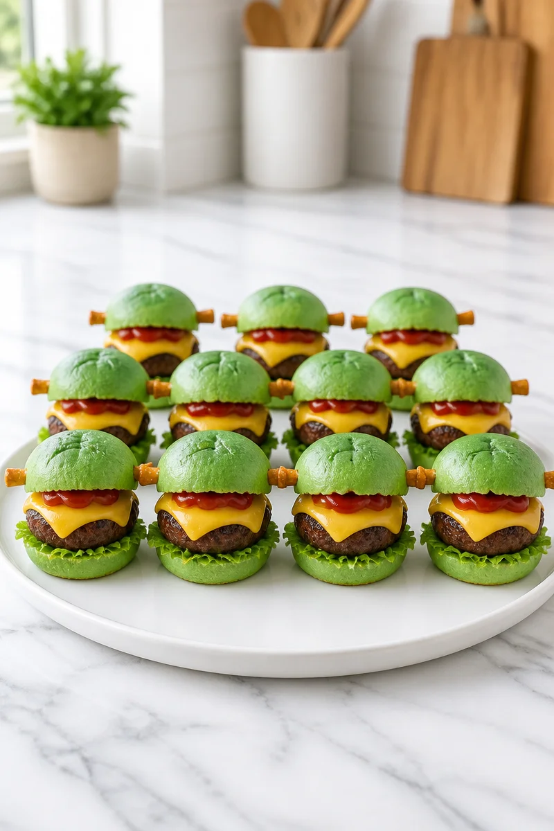 Halloween Frankenstein cheeseburger slider bites for festive gatherings