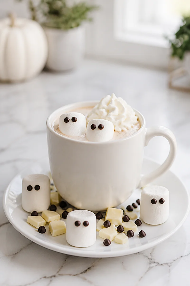A spooky Halloween Ghost White Hot Chocolate topped with whipped cream and ghost marshmallows.