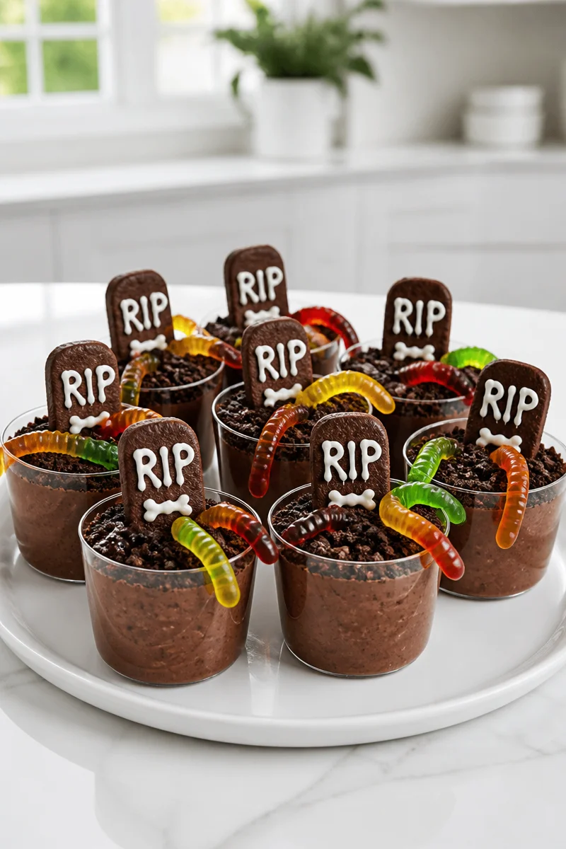 Halloween Graveyard Dirt Pudding Cups with chocolate and gummy worms for spooky treats