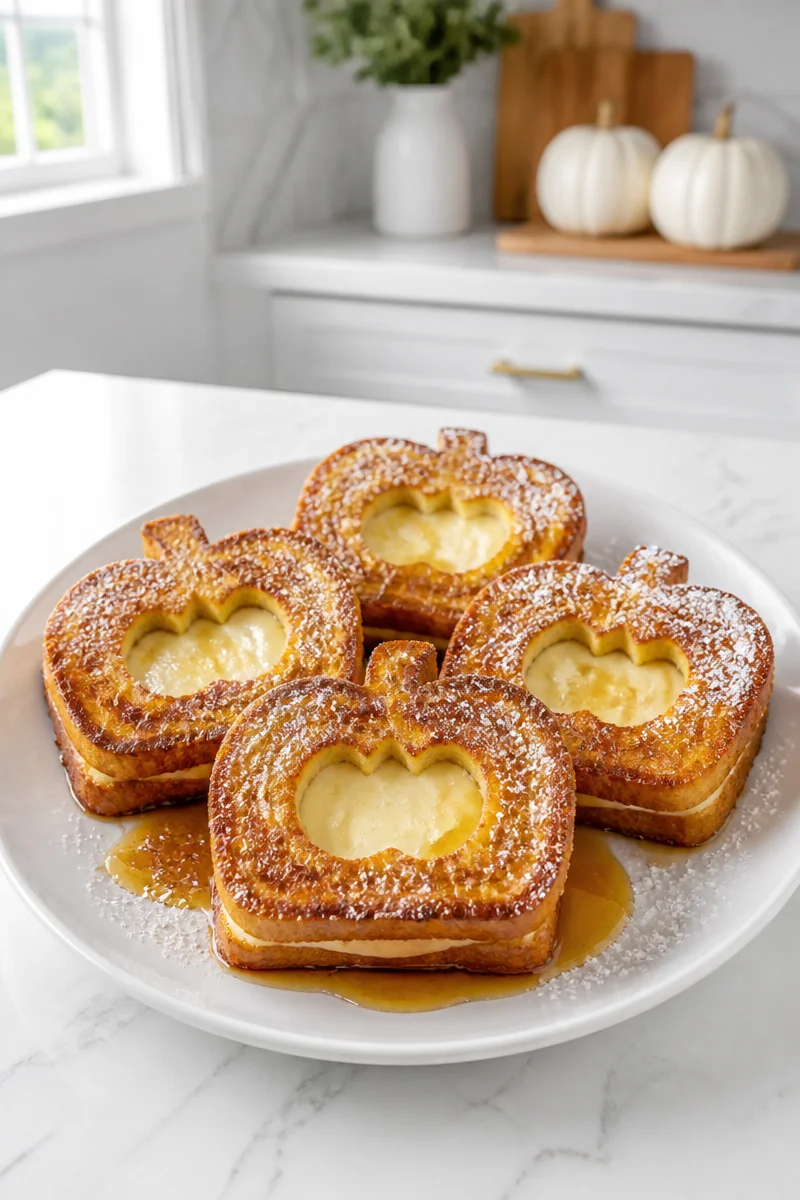 Halloween Jack-O-Lantern Stuffed French Toast with pumpkin filling