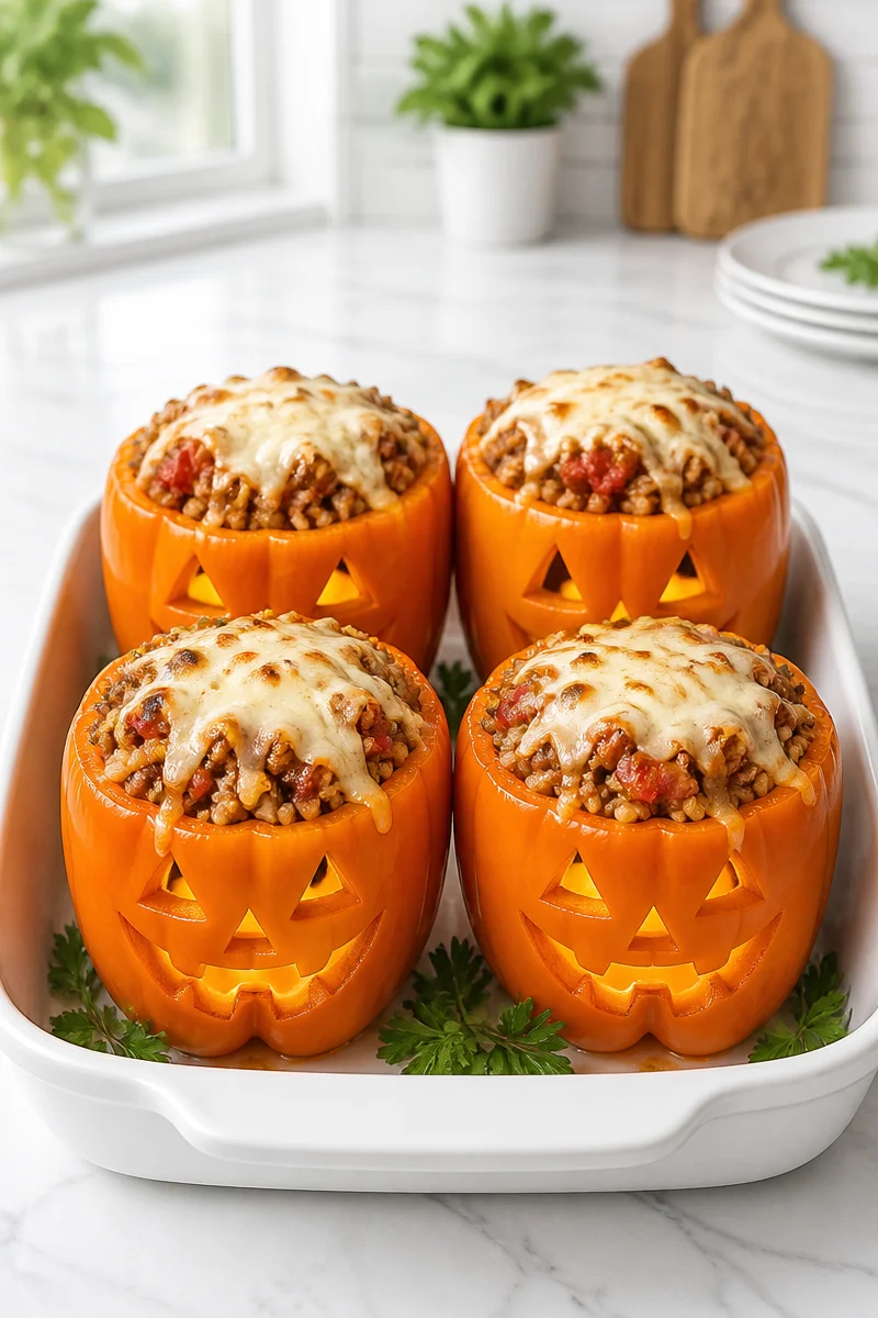 Halloween Jack-O-Lantern stuffed pepper bake in a festive dish