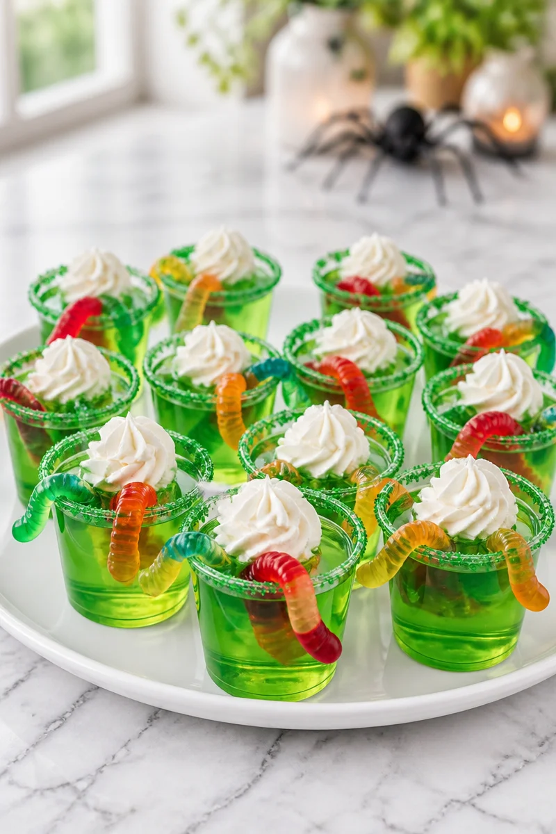 Halloween Jello Shot Worm Cup recipe with colorful jello and gummy worms