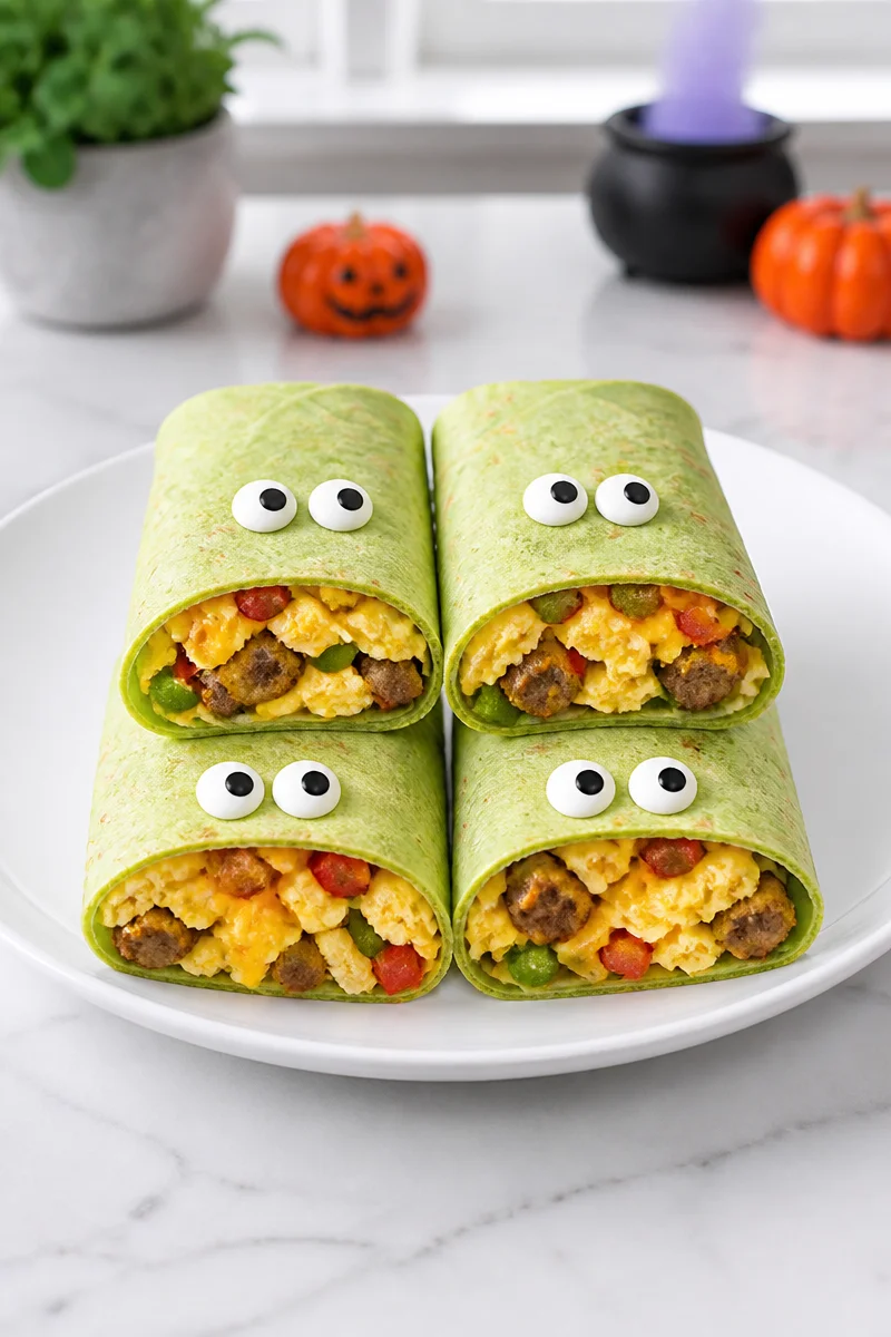 Halloween Monster Breakfast Burrito Wrap with spooky decorations