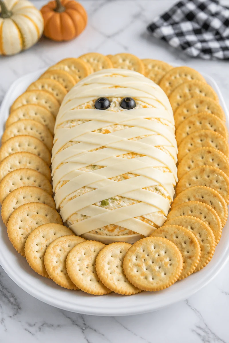 Halloween Mummy Cheese Ball decorated for a spooky party