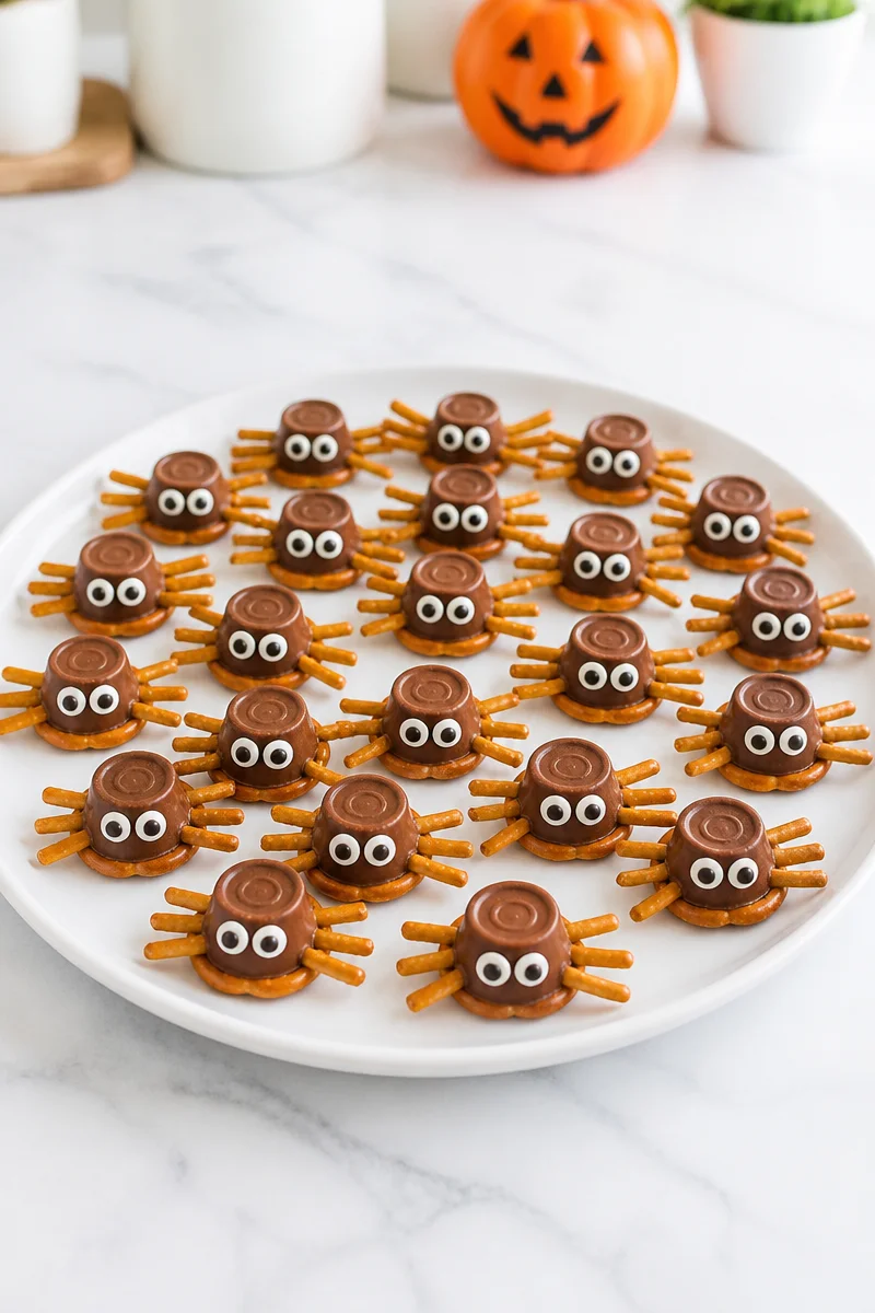 Halloween pretzel spider snack bites with chocolate and candy
