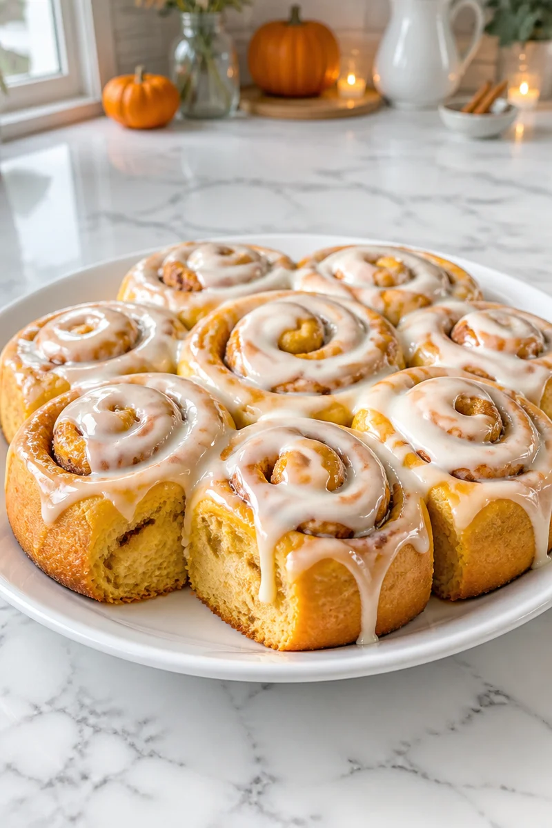 Delicious Halloween pumpkin spice cinnamon rolls topped with icing