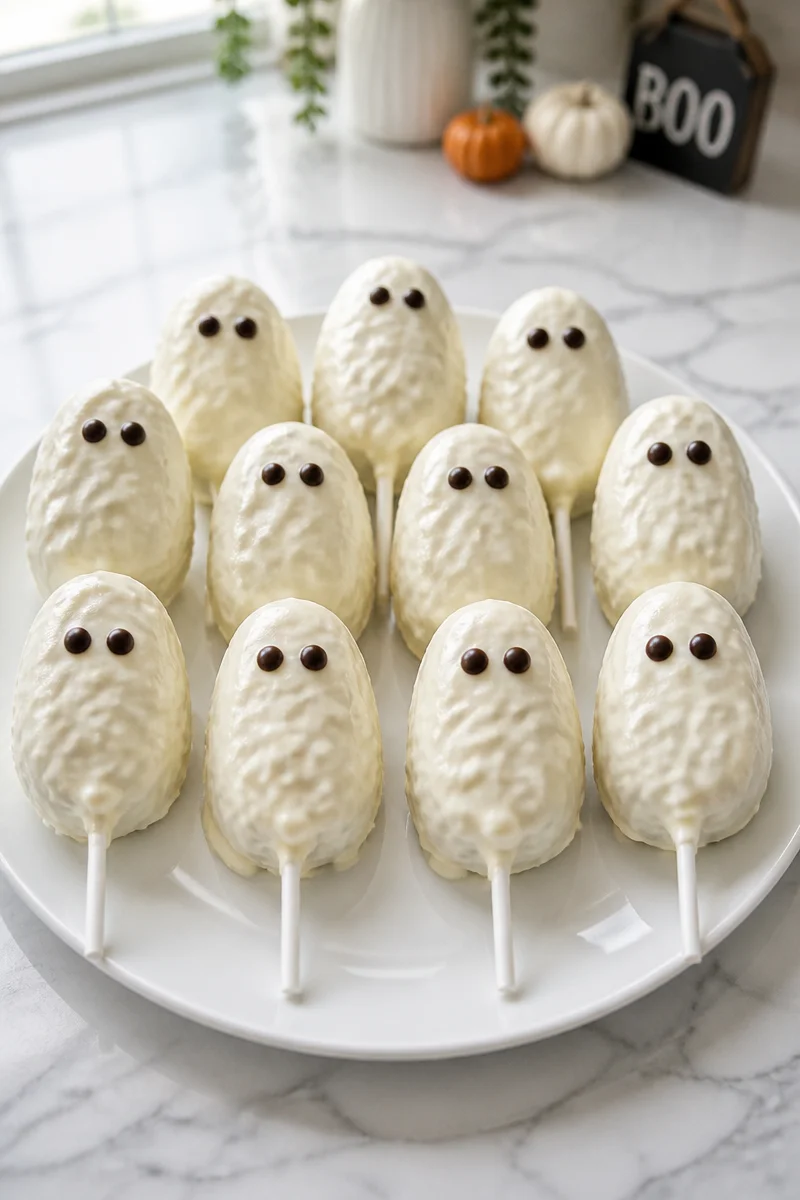 Halloween Rice Krispie Ghost Pops decorated with chocolate and candy eyes