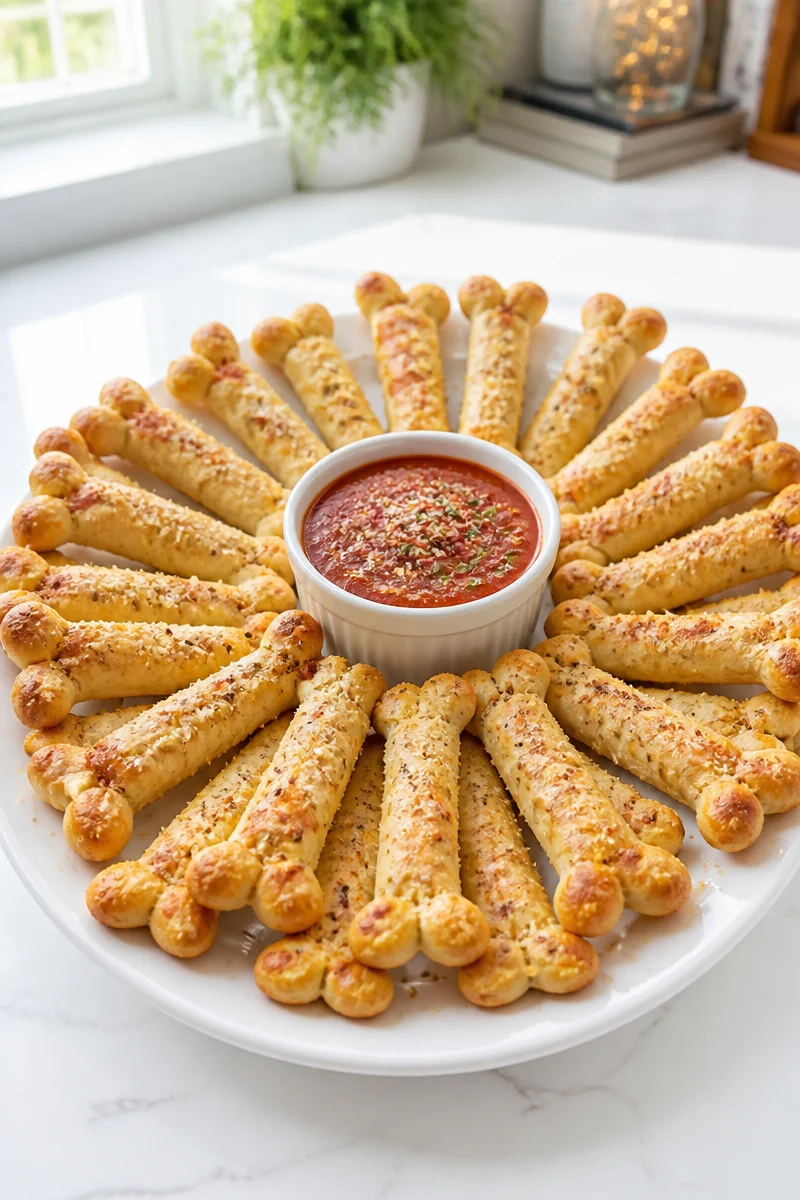 Halloween skeleton bone breadsticks served as a festive snack.