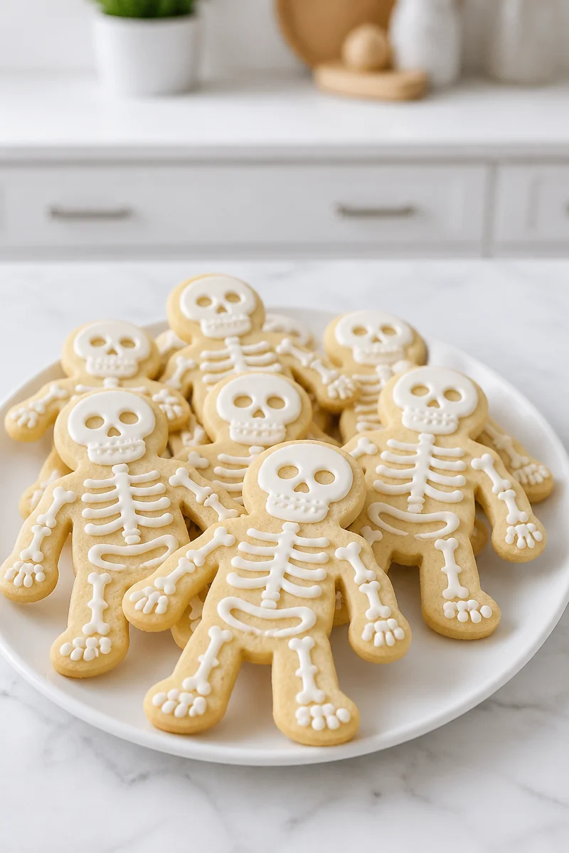 Delicious Halloween skeleton sugar cookies in various shapes and decorations