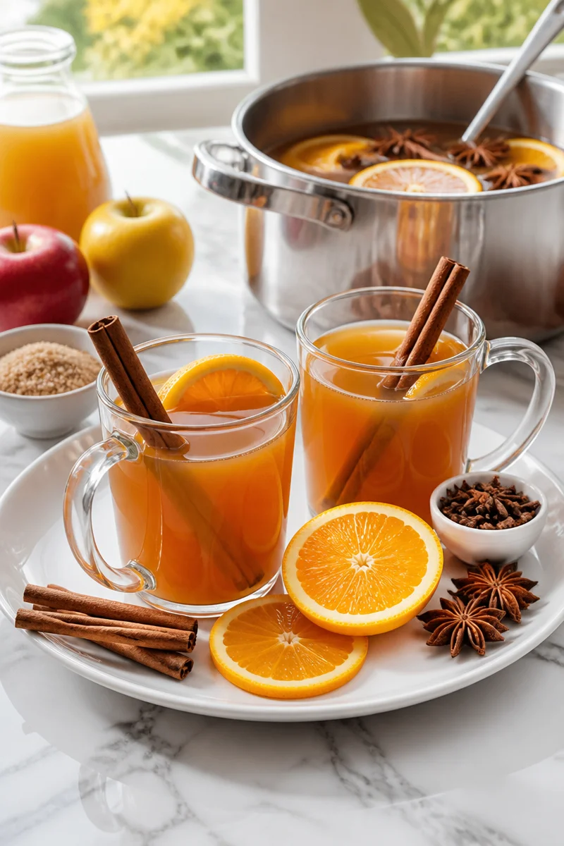 A steaming mug of Halloween spiced apple cider garnished with cinnamon sticks.