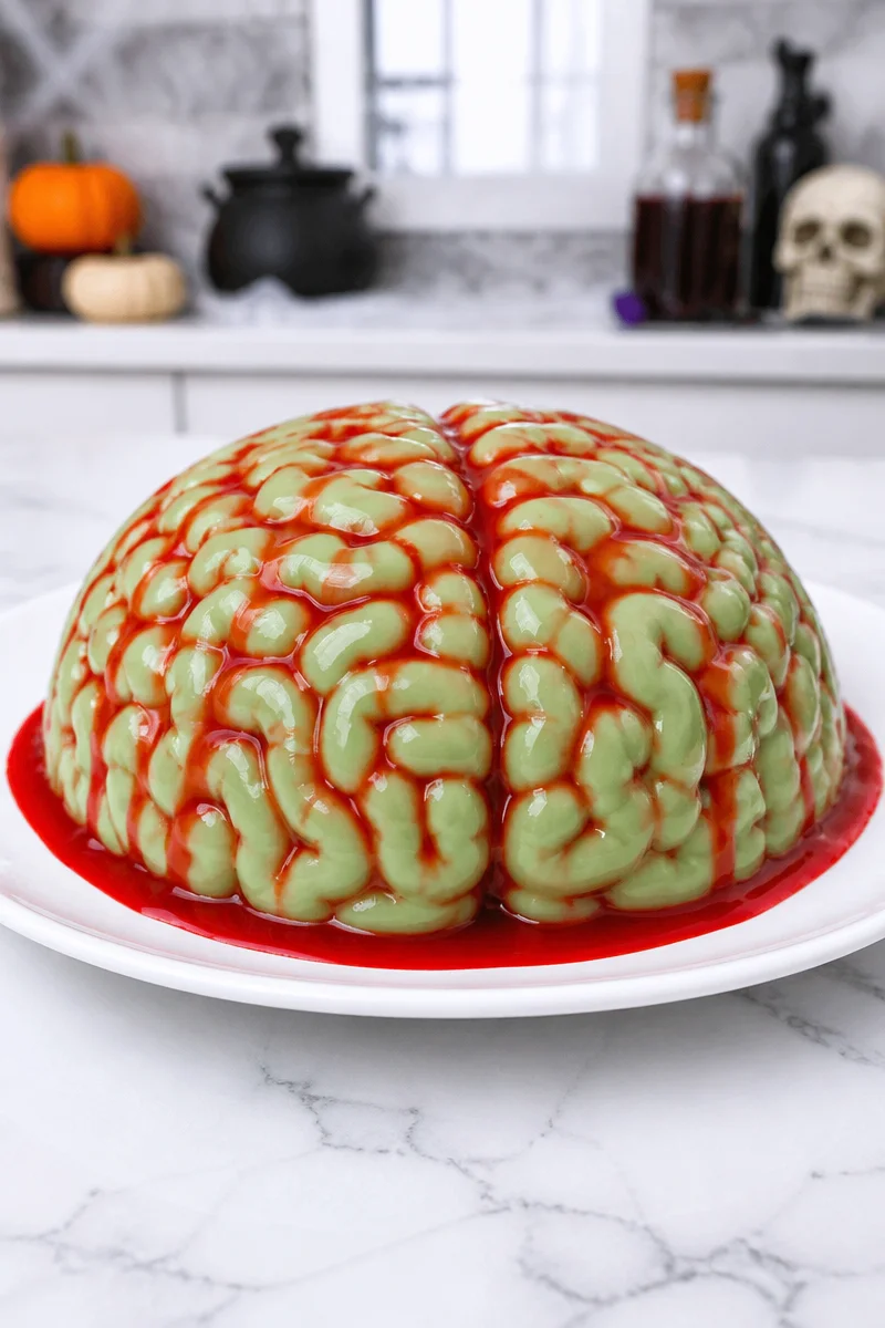 Halloween Zombie Brain Jello Mold in spooky green gelatin