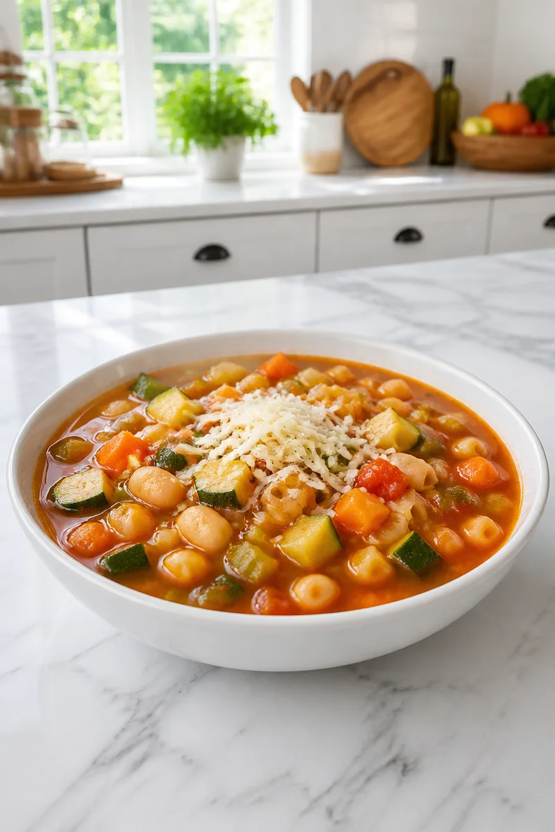 Bowl of harvest vegetable minestrone soup filled with fresh vegetables