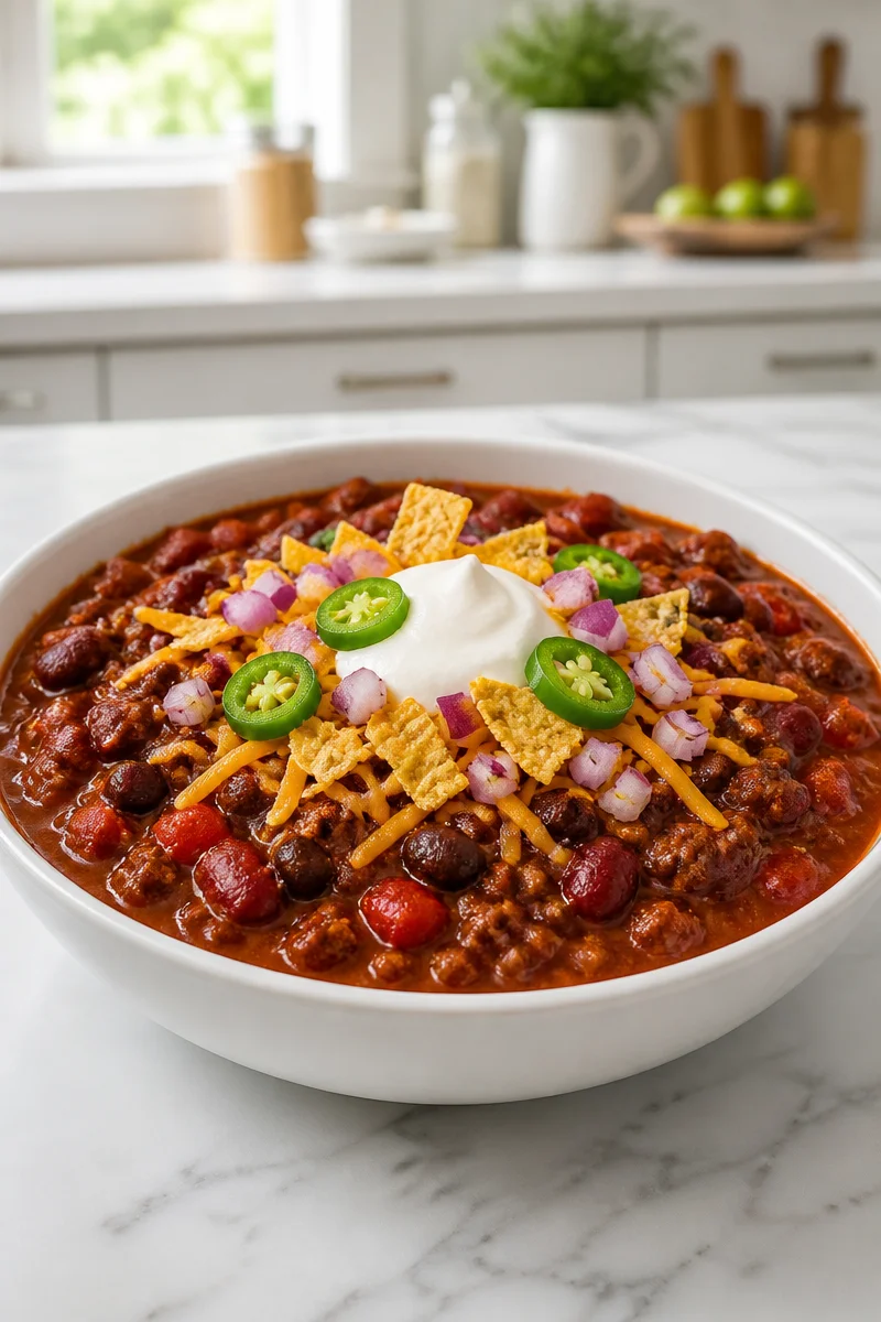 Bowl of hearty beef and bean chili topped with fresh herbs and served with bread.