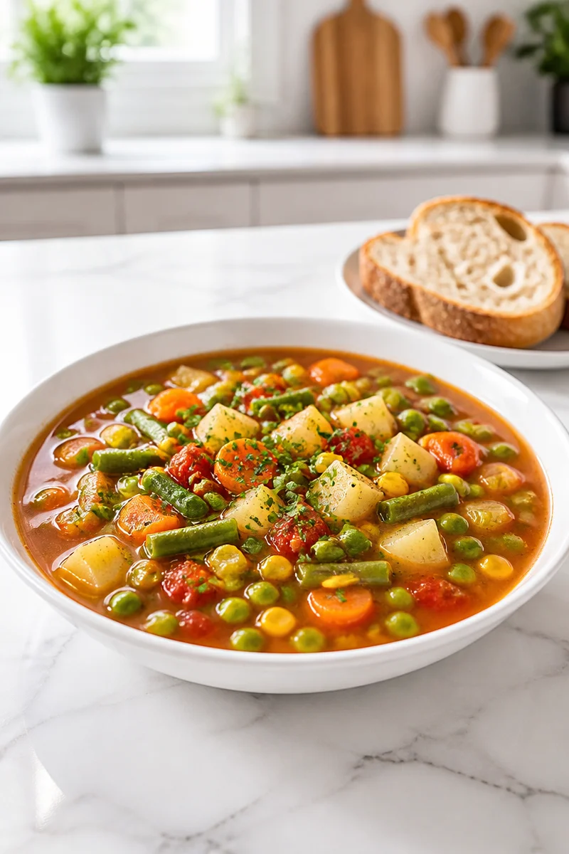 Bowl of hearty homemade vegetable soup filled with colorful vegetables