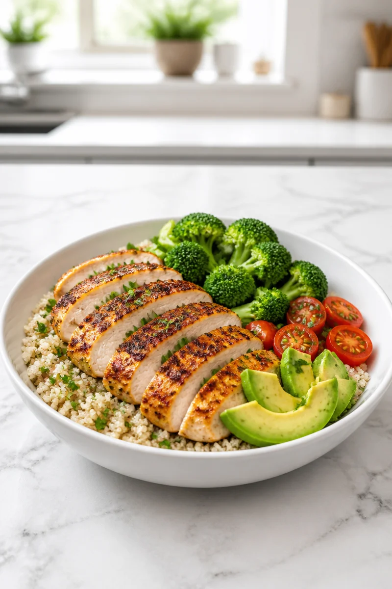 High-protein chicken quinoa bowl topped with fresh vegetables