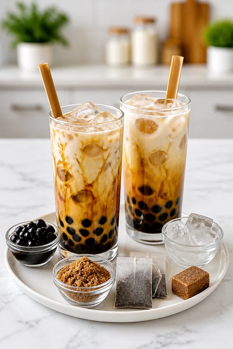 A glass of homemade brown sugar boba tea with tapioca pearls and caramel drizzle