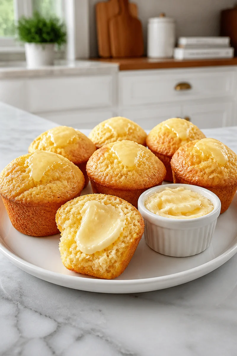 Homemade cornbread muffins served with honey butter on a rustic wooden table.