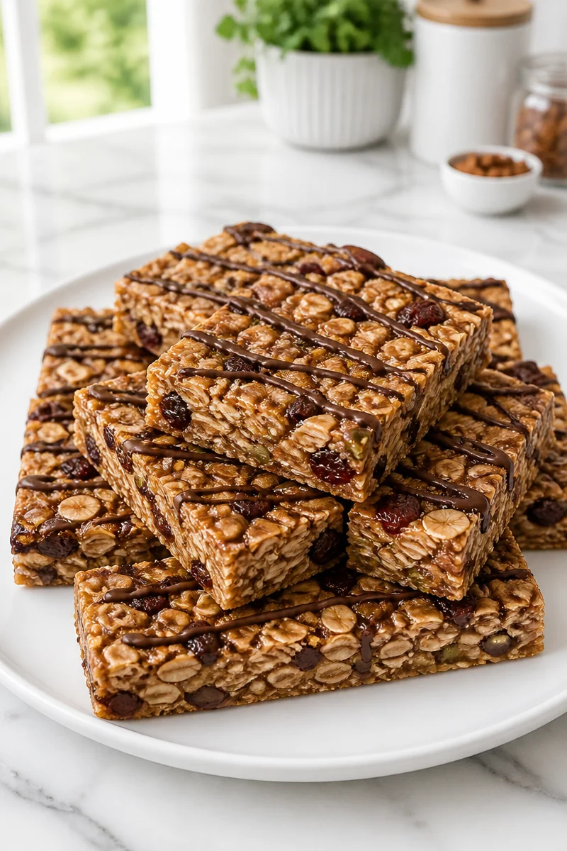 Homemade maple cinnamon granola bar with oats and nuts on a wooden table.