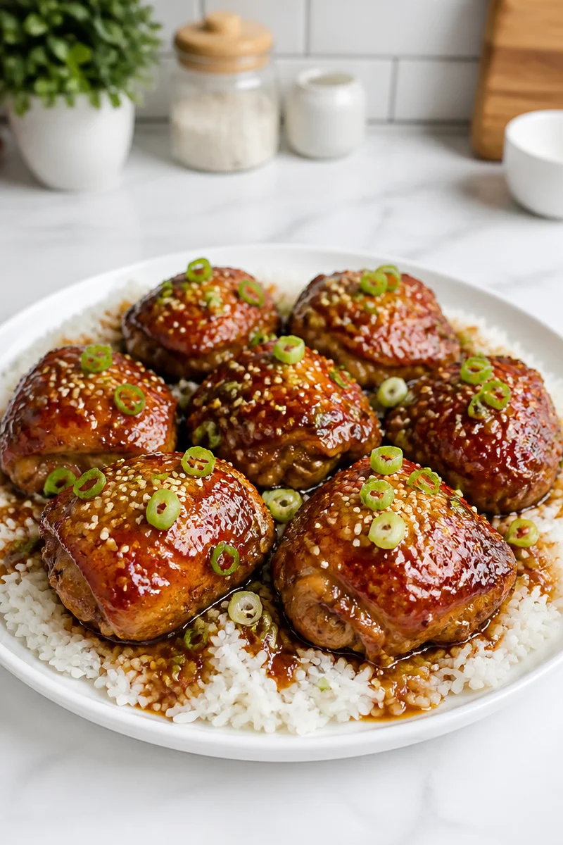 Honey Garlic Baked Chicken Thighs drizzled with sauce