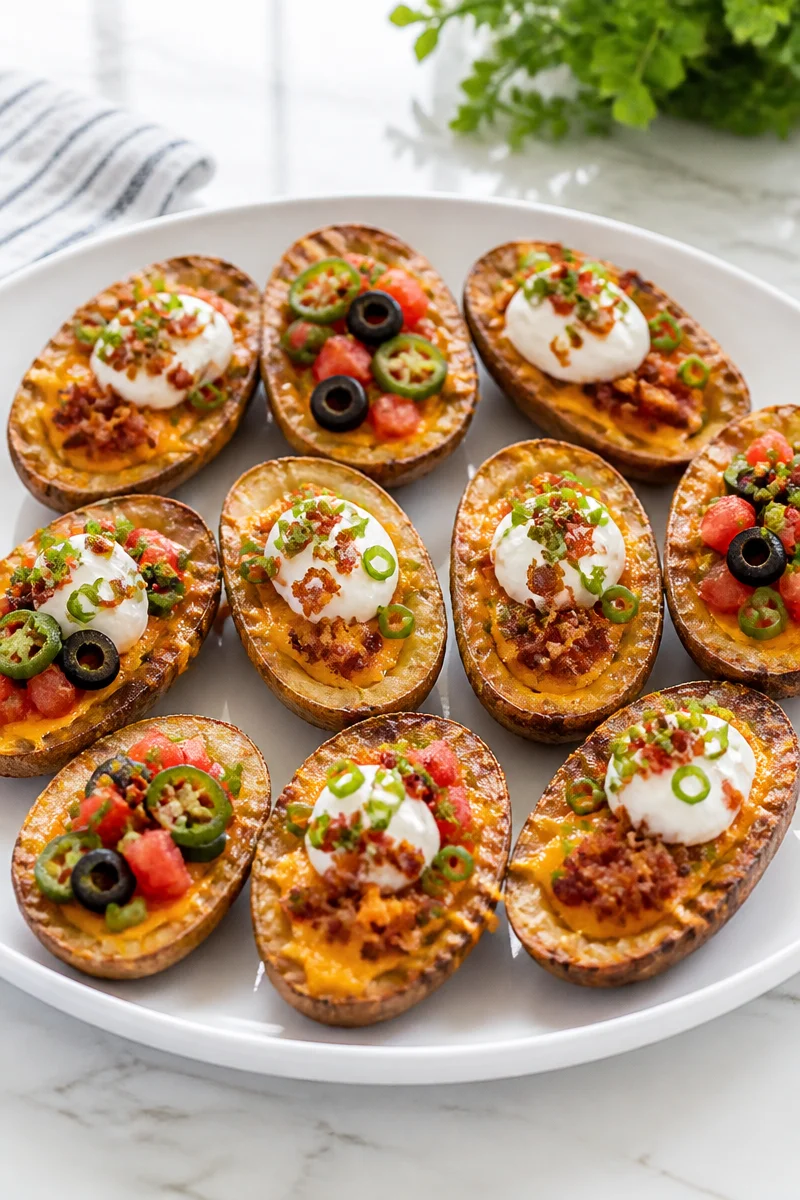 A platter of loaded baked potato skins with various toppings