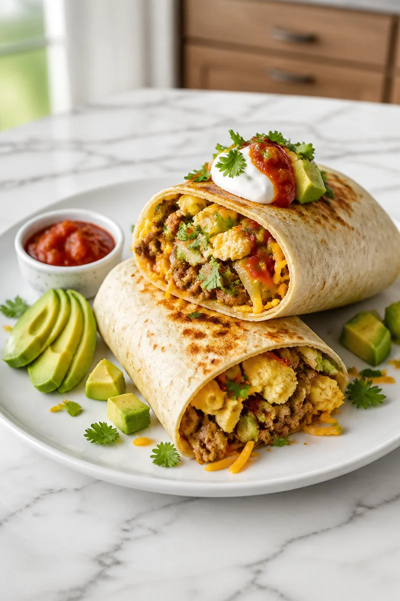 Loaded breakfast burrito with egg and sausage in a tortilla wrap