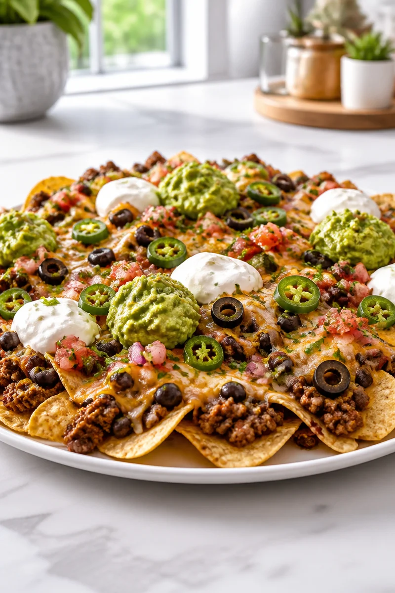 Plate of loaded nachos topped with cheese, jalapeños, and guacamole for Super Bowl.