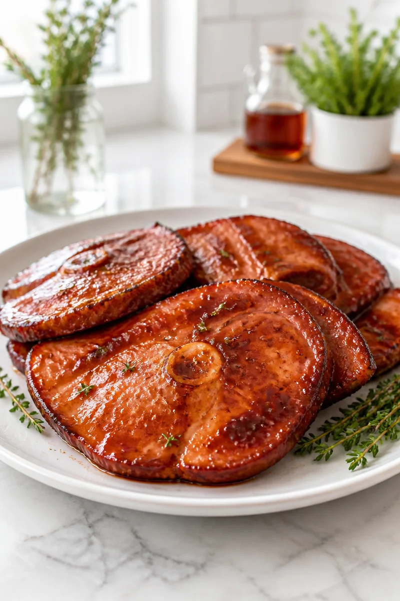 Delicious slice of Maple Bourbon Glazed Ham on a plate, garnished for presentation.