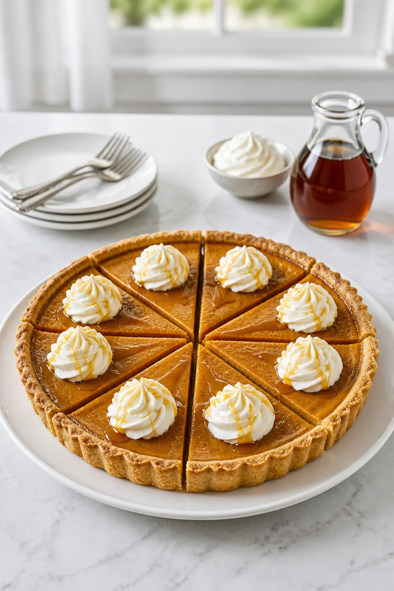 Maple Pumpkin Creme Fraiche Tart served on a rustic wooden table