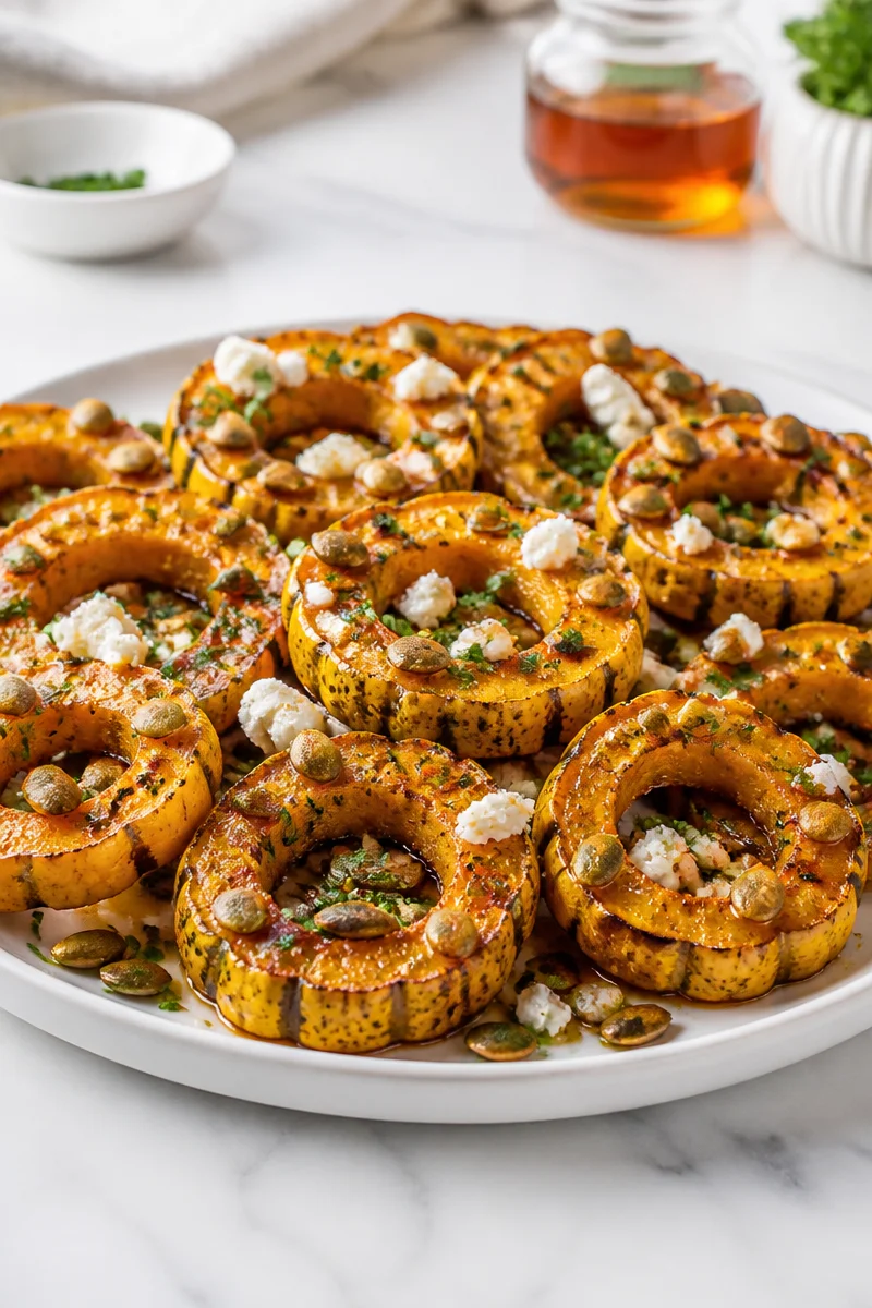 Maple Roasted Delicata Squash Ring garnished with herbs on a white plate.