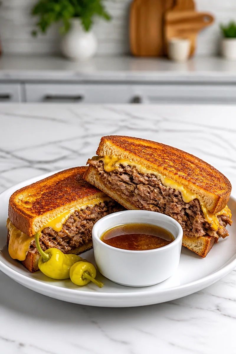 Delicious Mississippi Pot Roast Grilled Cheese sandwich with melted cheese and tender beef