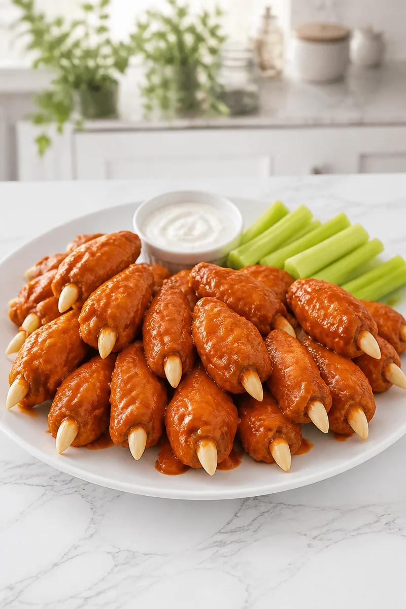 Spicy Monster Claw Buffalo Chicken Wings served with dipping sauce.