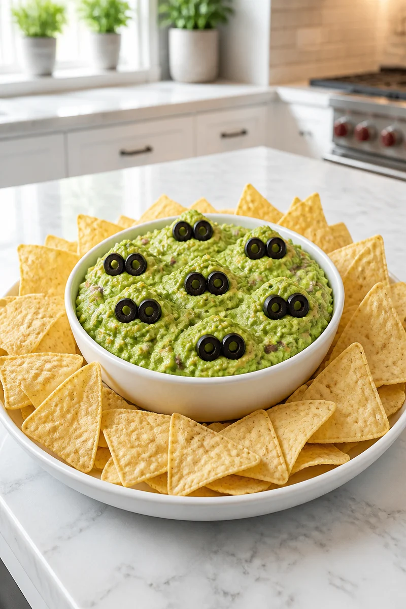 Monster guacamole Halloween dip bowl decorated with spooky toppings.