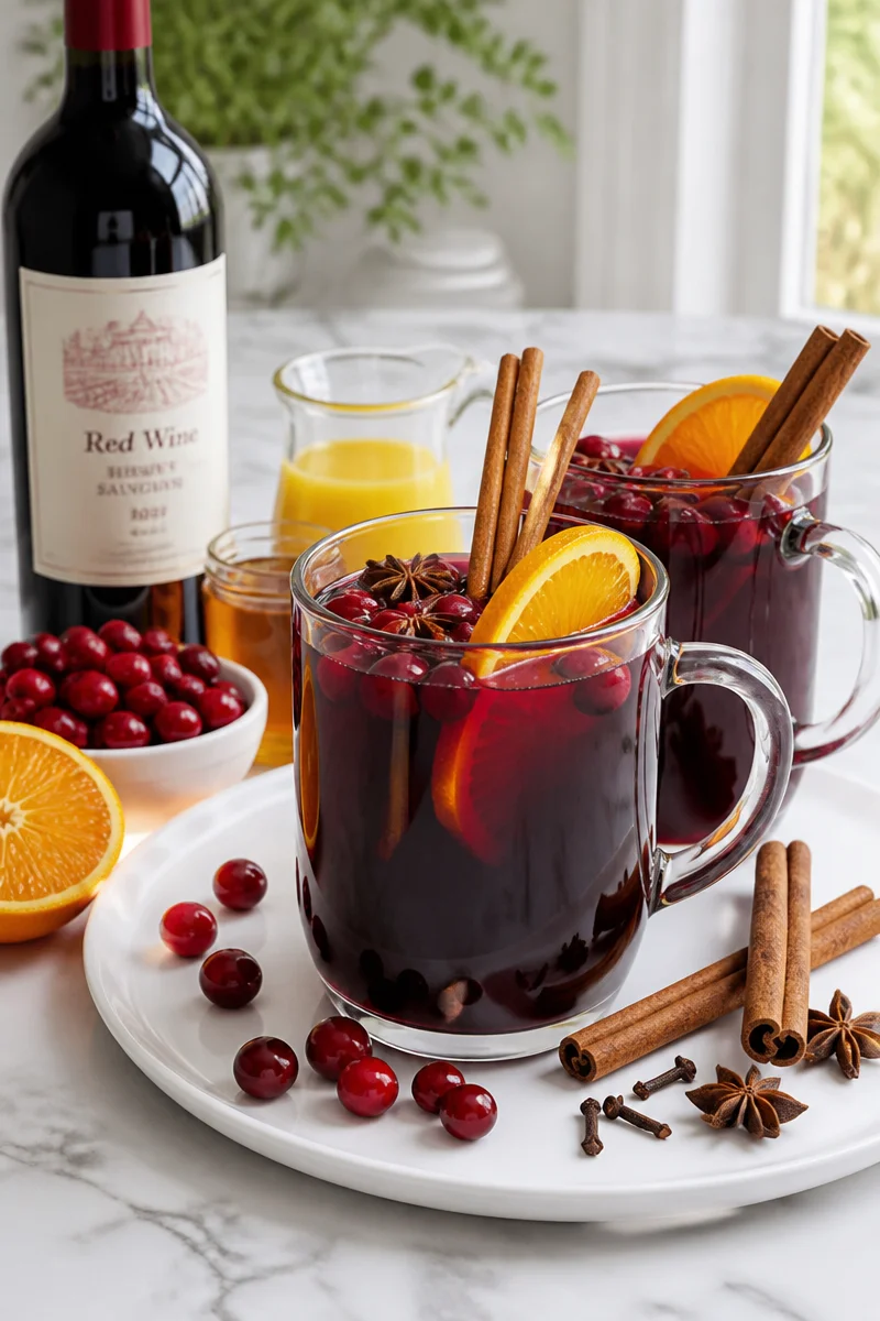 A warm cup of mulled wine spiced cranberry drink garnished with spices.