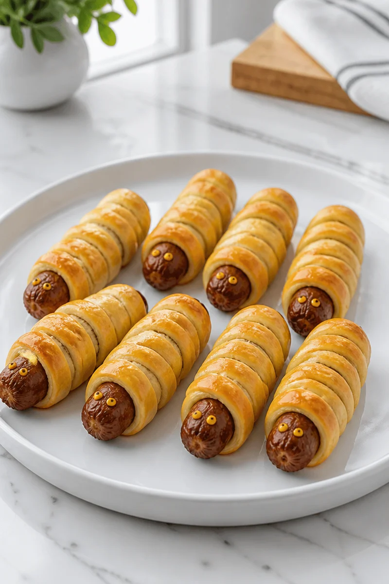 Mummy Breakfast Sausage Roll-Ups as a fun Halloween breakfast recipe