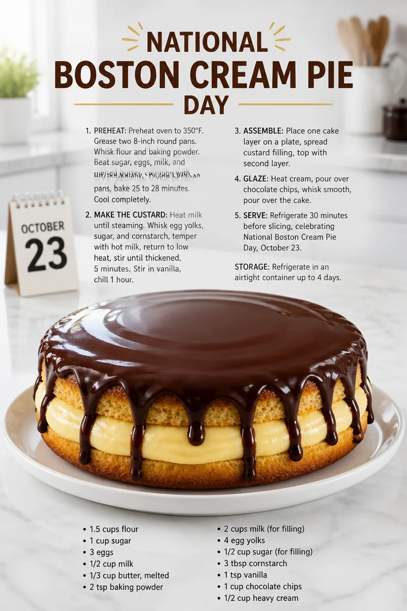 Delicious slice of Boston Cream Pie for National Boston Cream Pie Day celebration.
