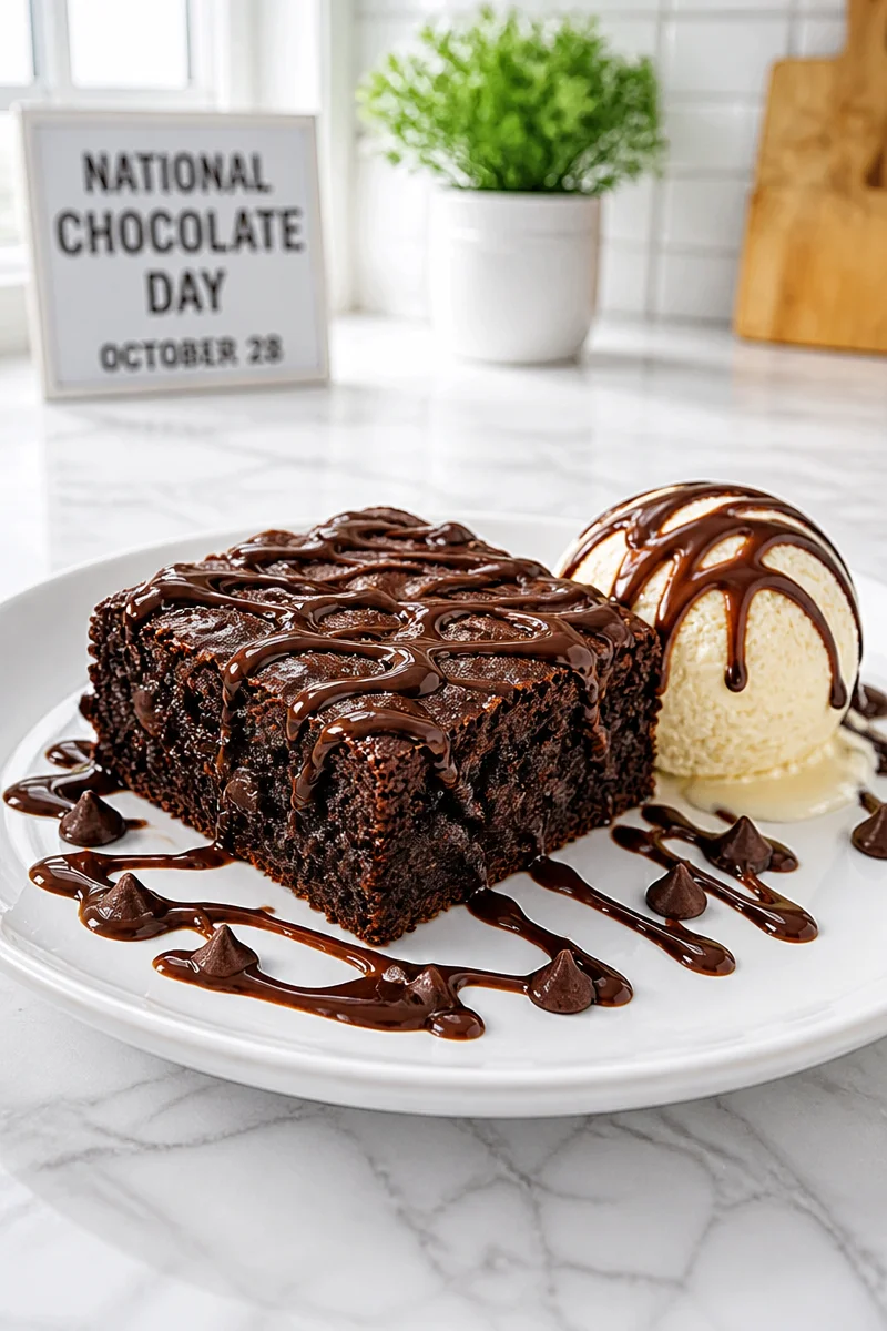Decadent fudge brownie for National Chocolate Day celebration.