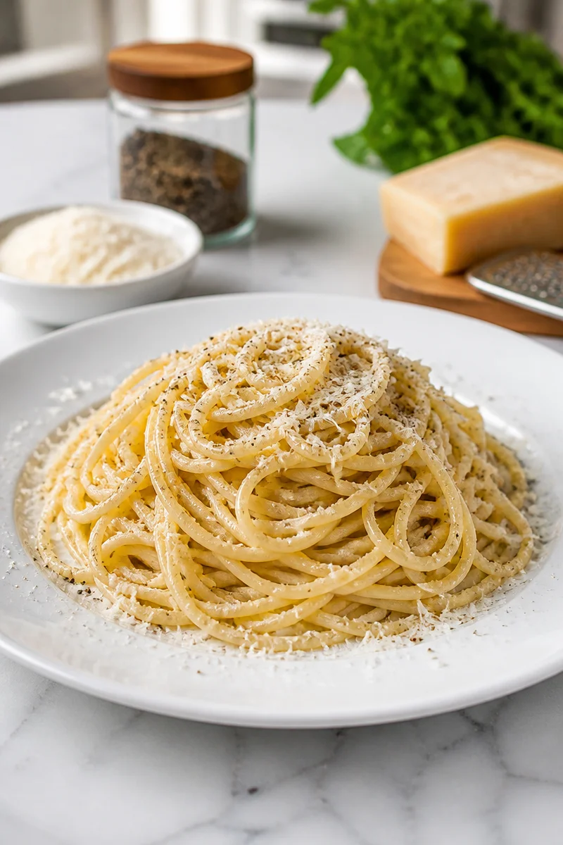 Plate of Cacio E Pepe pasta garnished with cheese and pepper