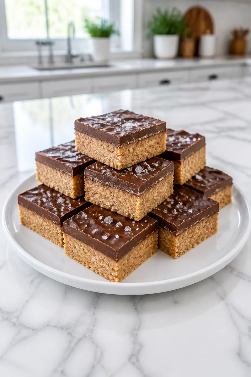 No-bake chocolate peanut butter bars stacked on a plate