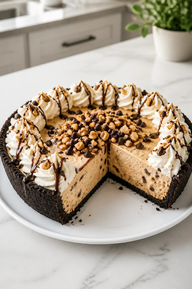Delicious no bake peanut butter pie topped with whipped cream and chocolate drizzle