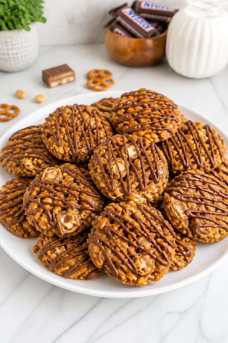 No Bake Snickers Pretzel Cookie topped with chocolate and peanuts